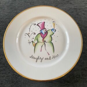 Set of 4 Rosanna Made Italy Naughty and Nice Snowman Plate Gold Rimmed Christmas